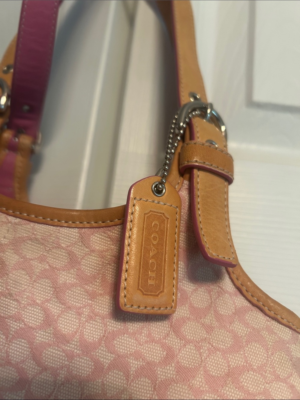 Coach Pink Signature Canvas Hobo with White Leather Trim and Tan/Pink Straps - Picture 2 of 4